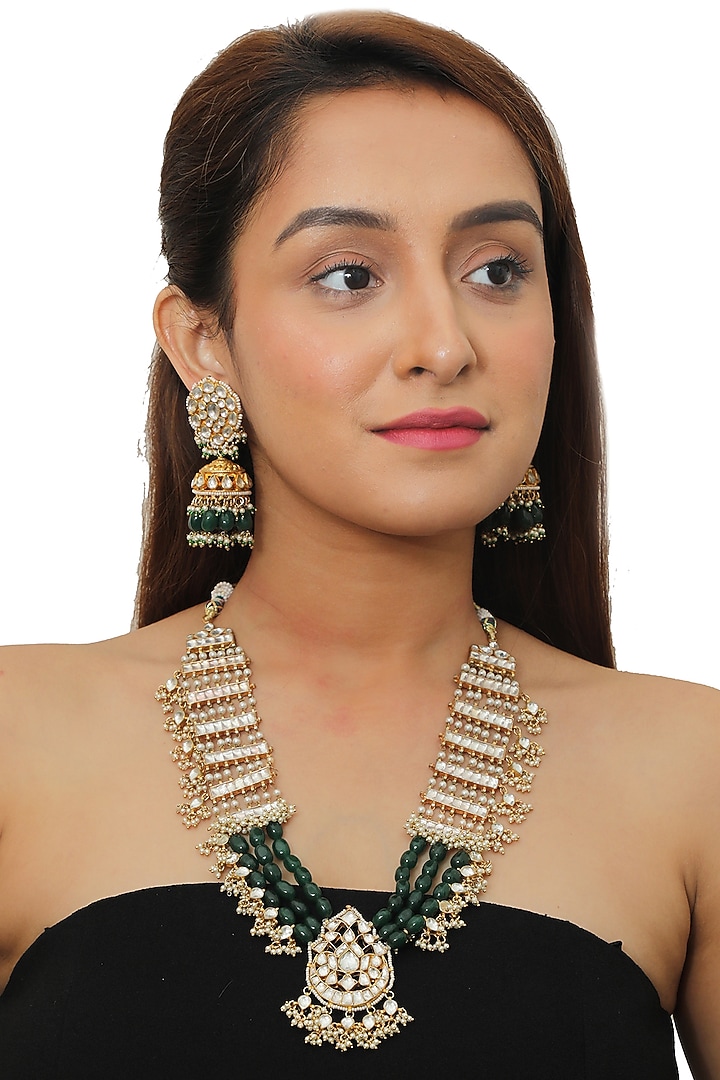 Gold Plated Long Necklace Set With Beads by Riana Jewellery at Pernia's Pop Up Shop