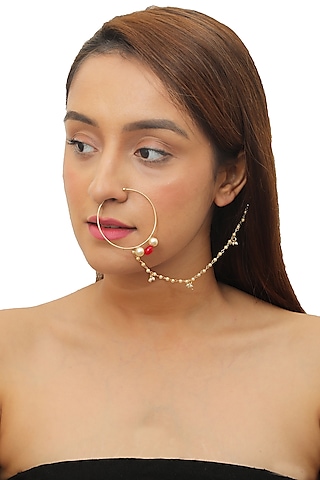 Gold Plated Pearl & Beaded Nath by Riana Jewellery