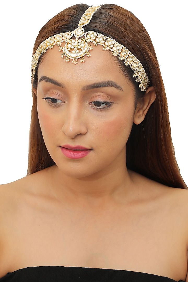 Gold Plated Maang Patti With Pearls by Riana Jewellery
