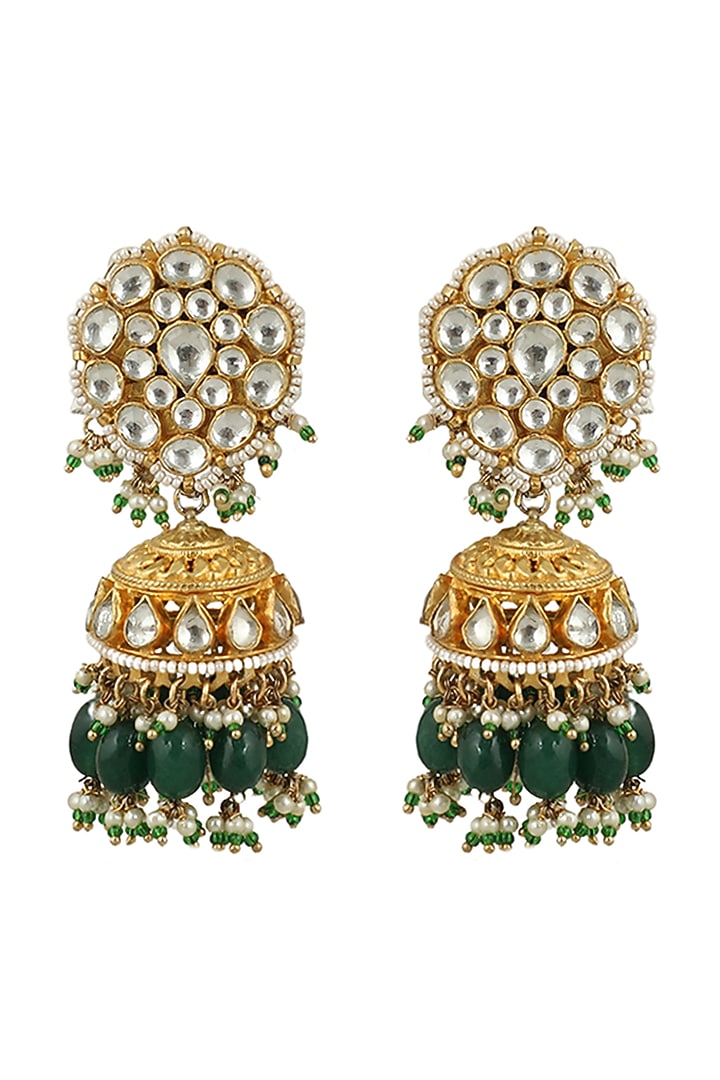 Gold Plated Pearl & Jadtar Stones Jhumka Earrings by Riana Jewellery at Pernia's Pop Up Shop