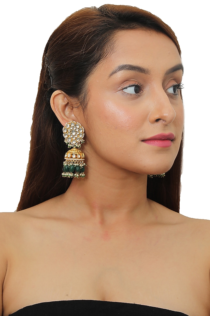 Gold Plated Pearl & Jadtar Stones Jhumka Earrings by Riana Jewellery at Pernia's Pop Up Shop