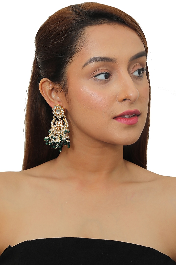 Gold Plated Green Beaded Earrings by Riana Jewellery