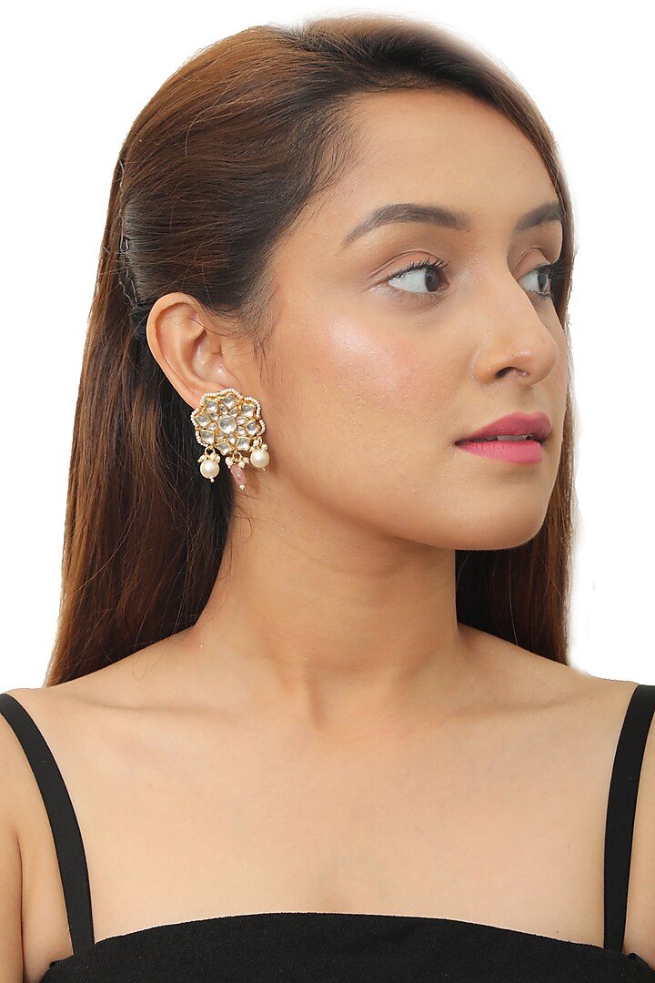 Gold Plated Pink & White Beaded Earrings by Riana Jewellery