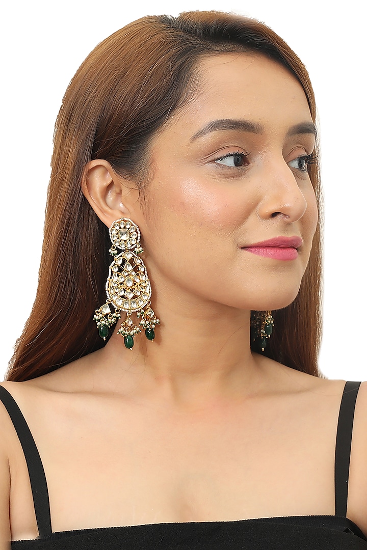 Gold Plated White Jadtar Stone Earrings by Riana Jewellery