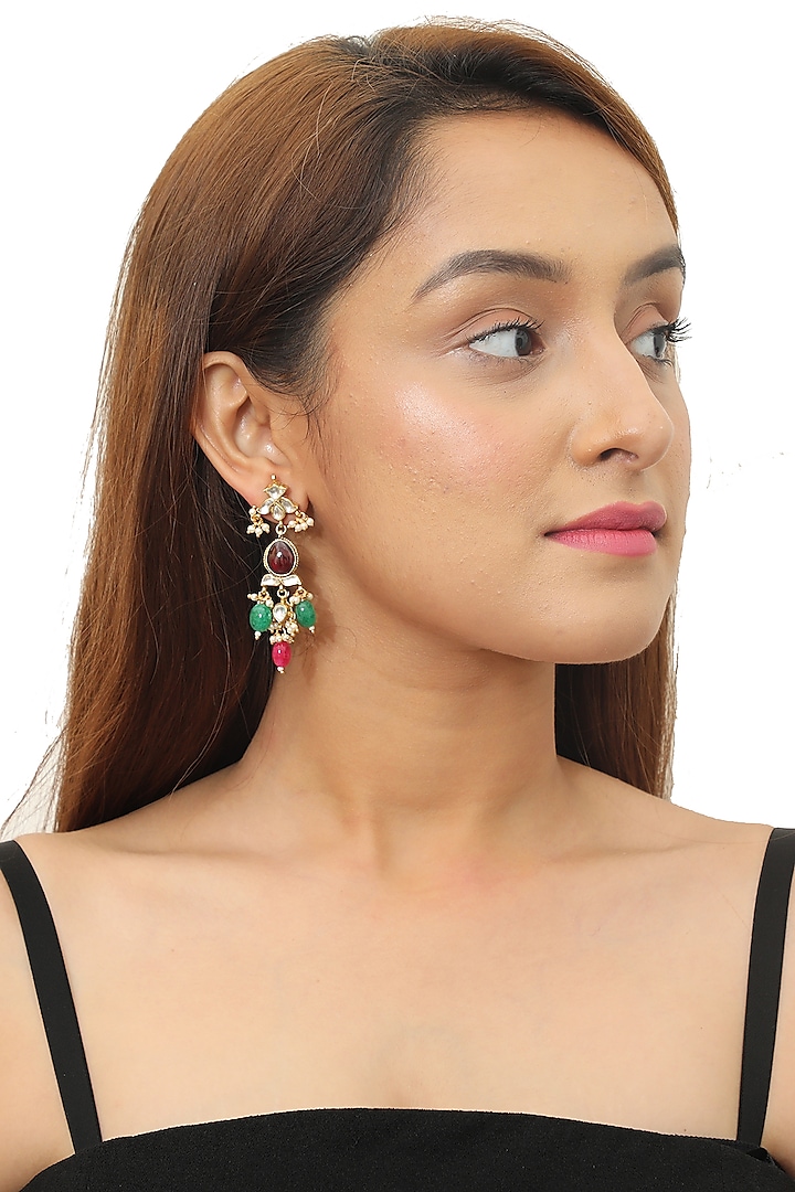 Gold Plated Multi Colored Beaded Earrings by Riana Jewellery