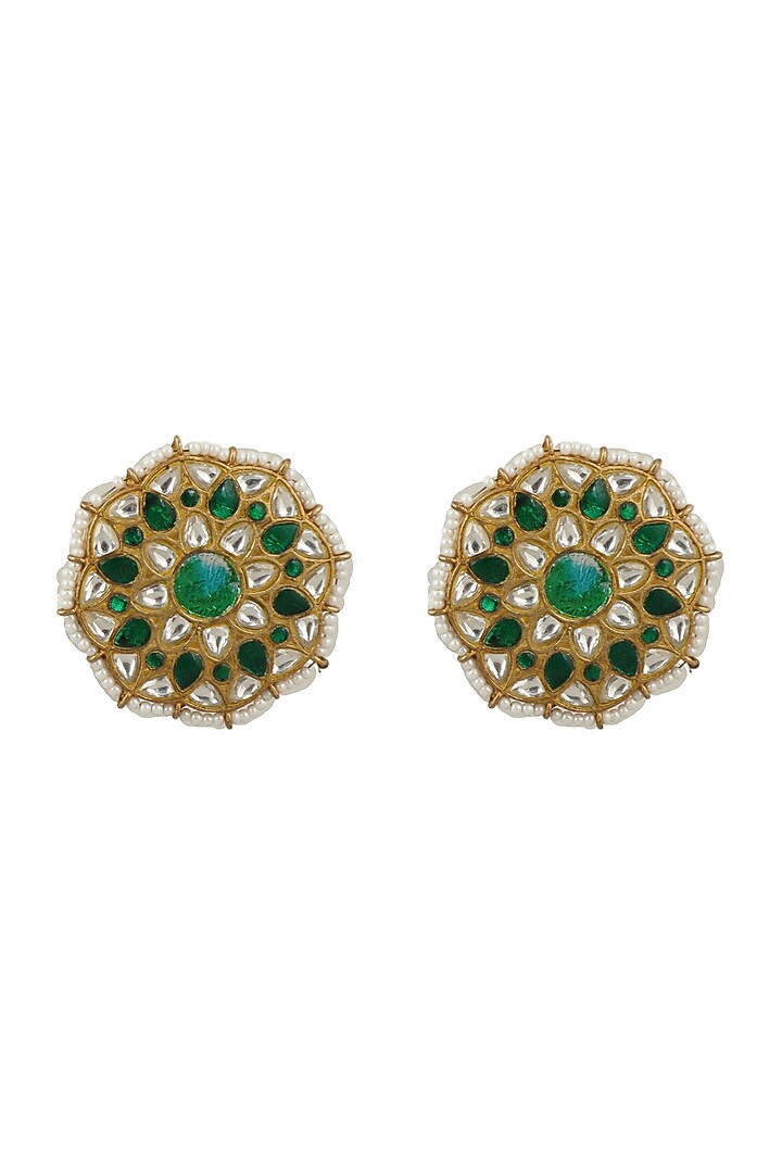 Gold Plated White & Green Jadtar Stone Earrings by Riana Jewellery at Pernia's Pop Up Shop