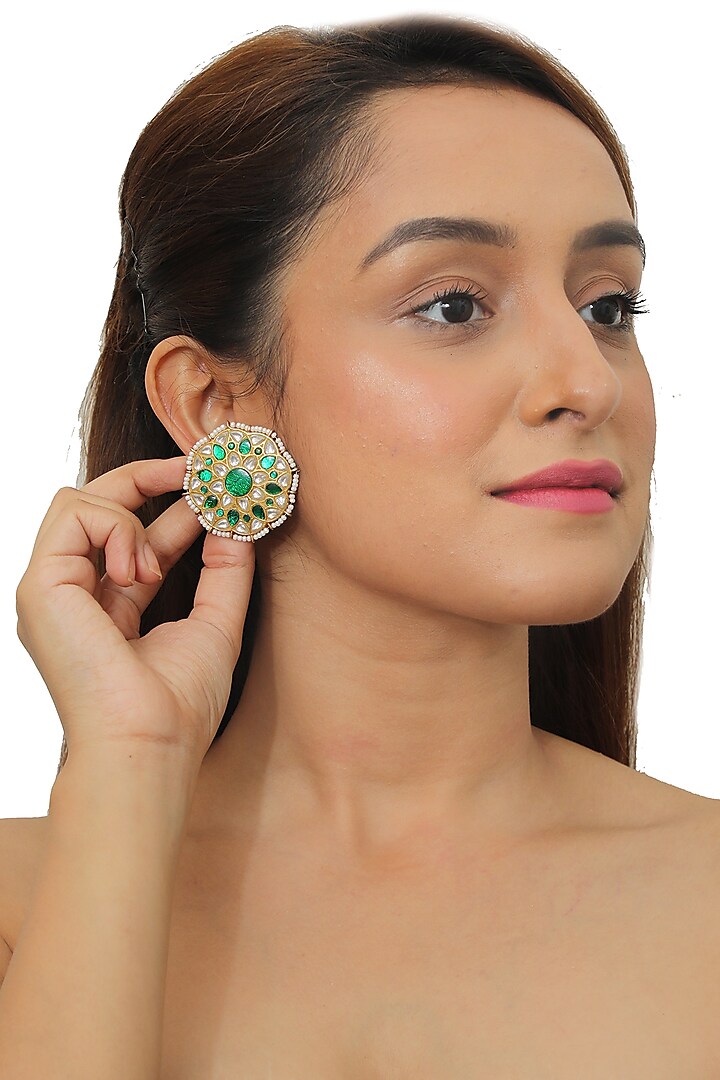 Gold Plated White & Green Jadtar Stone Earrings by Riana Jewellery