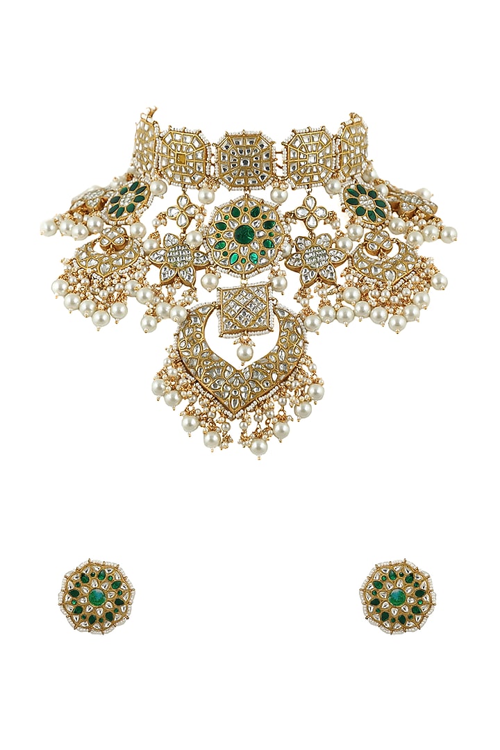 Gold Plated White & Green Bridal Necklace Set by Riana Jewellery at Pernia's Pop Up Shop