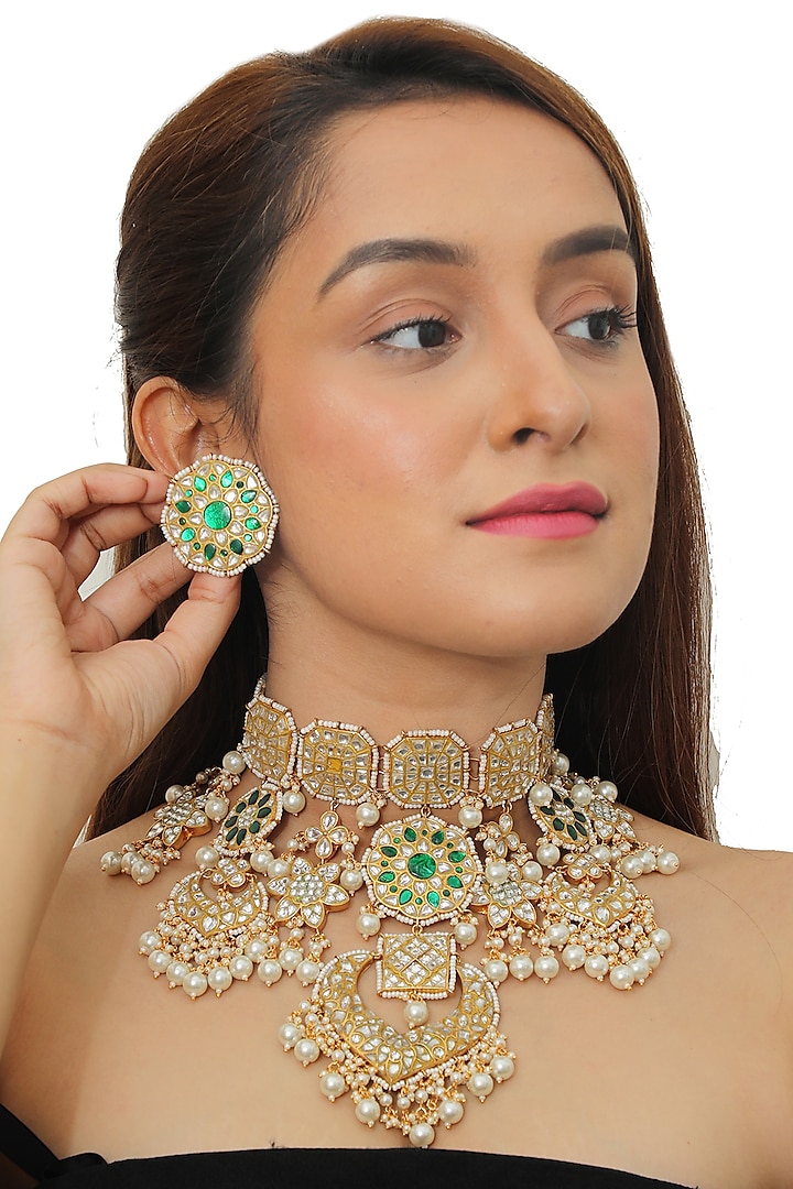 Gold Plated White & Green Bridal Necklace Set by Riana Jewellery