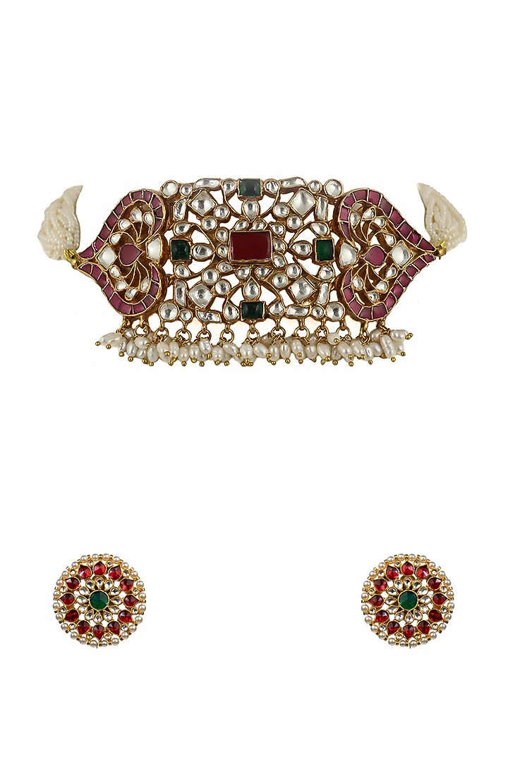 Gold Plated Pink & Green Choker Necklace Set by Riana Jewellery at Pernia's Pop Up Shop