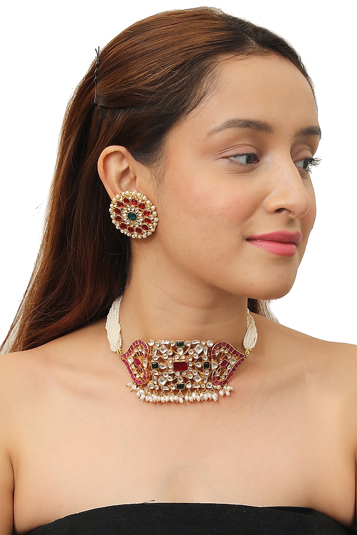 Gold Plated Pink & Green Choker Necklace Set by Riana Jewellery
