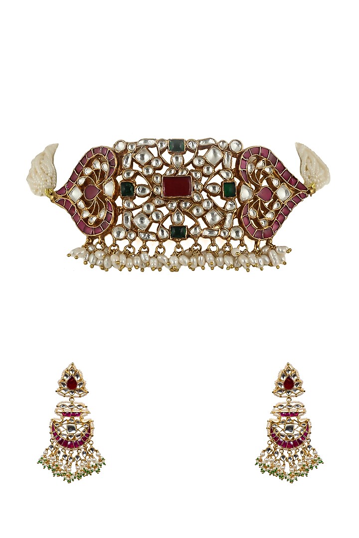 Gold Plated Pink & White Choker Necklace Set by Riana Jewellery at Pernia's Pop Up Shop