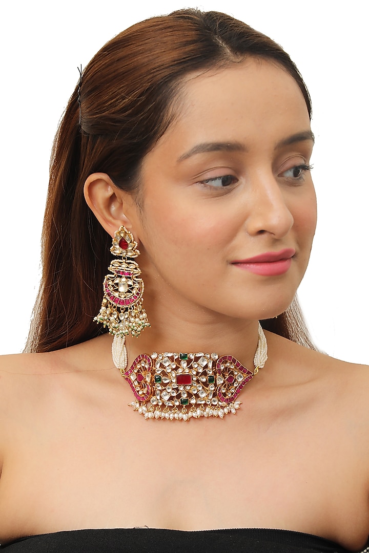 Gold Plated Pink & White Choker Necklace Set by Riana Jewellery