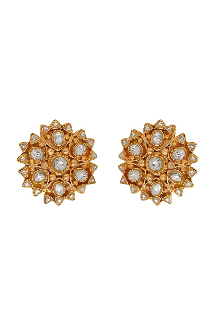 Gold Finish Jadtar Stone Floral Stud Earrings by Riana Jewellery at Pernia's Pop Up Shop