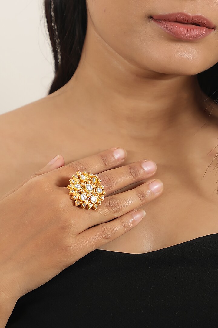 Gold Finish Jadtar Stone Floral Ring by Riana Jewellery