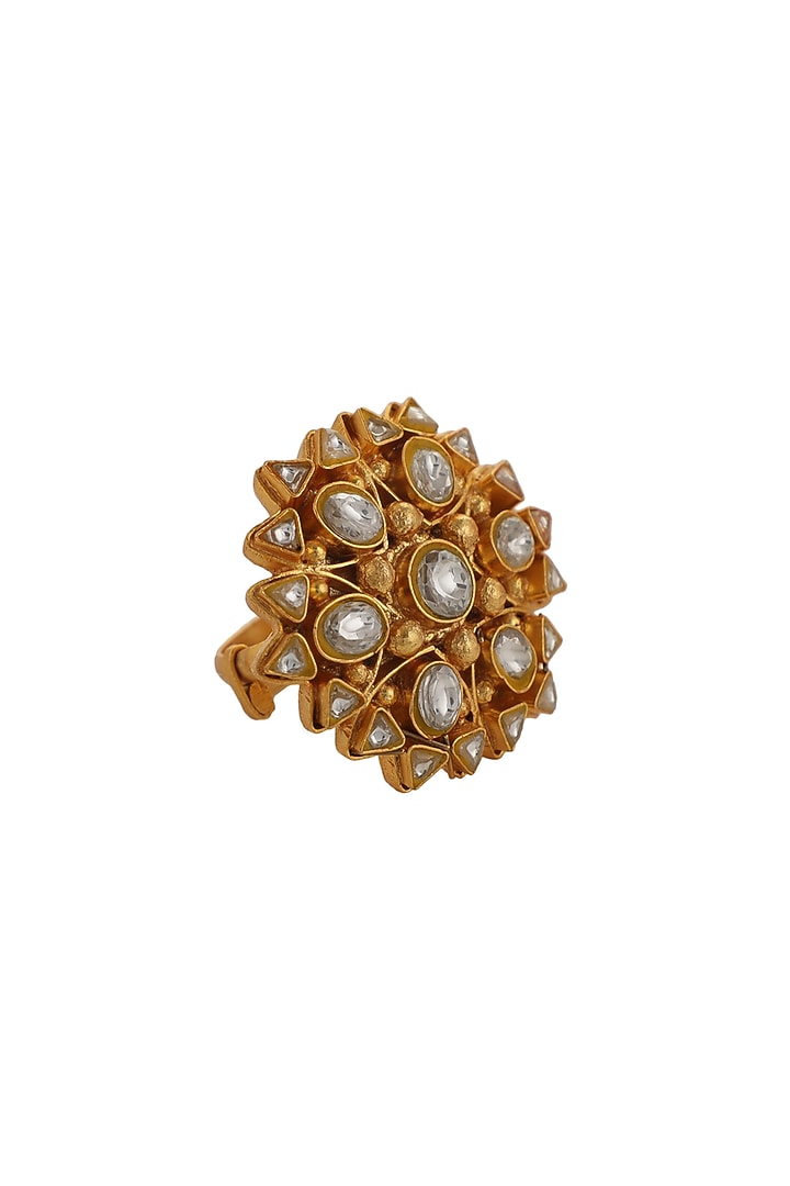 Gold Finish Jadtar Stone Floral Ring by Riana Jewellery at Pernia's Pop Up Shop