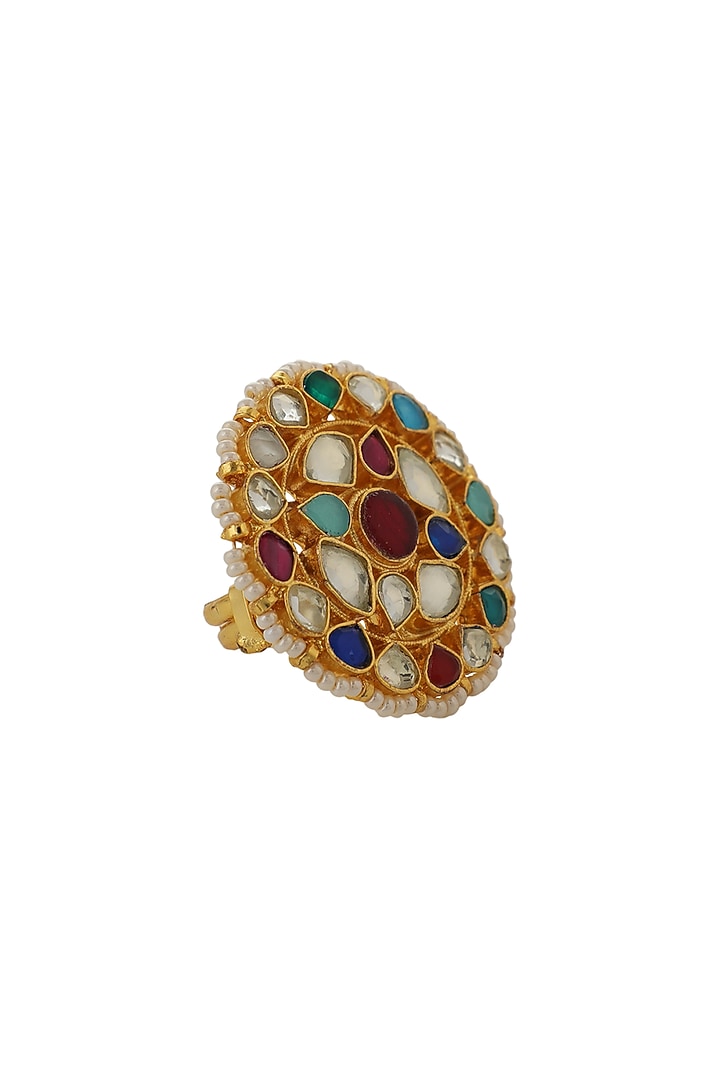 Gold Plated Multi-Colored Jadtar Stone Floral Ring by Riana Jewellery at Pernia's Pop Up Shop
