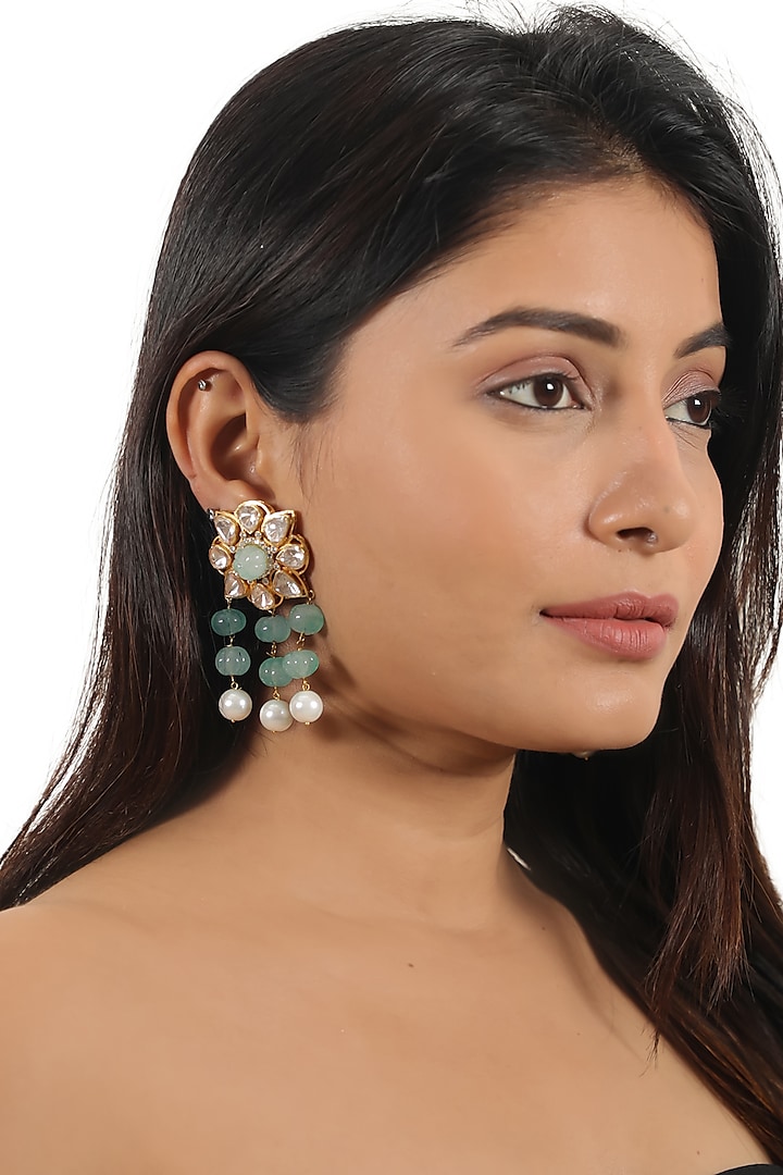 Gold Finish Sea Green Moissanite Stone Floral Earrings by Riana Jewellery