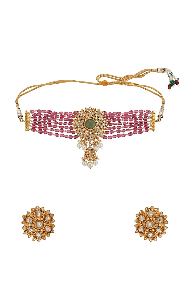 Gold Finish Pink Jadau & Pearl Choker Necklace Set by Riana Jewellery at Pernia's Pop Up Shop