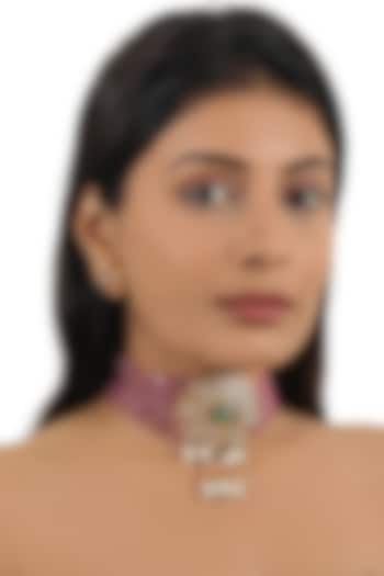 Gold Finish Pink Jadau & Pearl Choker Necklace Set by Riana Jewellery at Pernia's Pop Up Shop