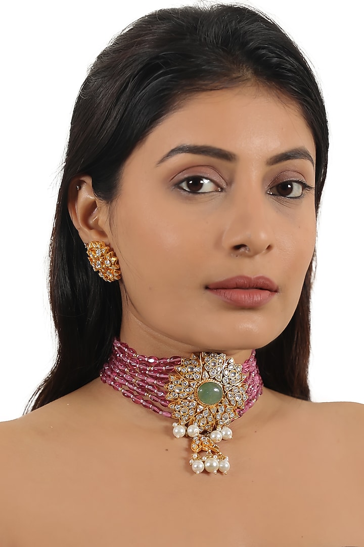 Gold Finish Pink Jadau & Pearl Choker Necklace Set by Riana Jewellery at Pernia's Pop Up Shop