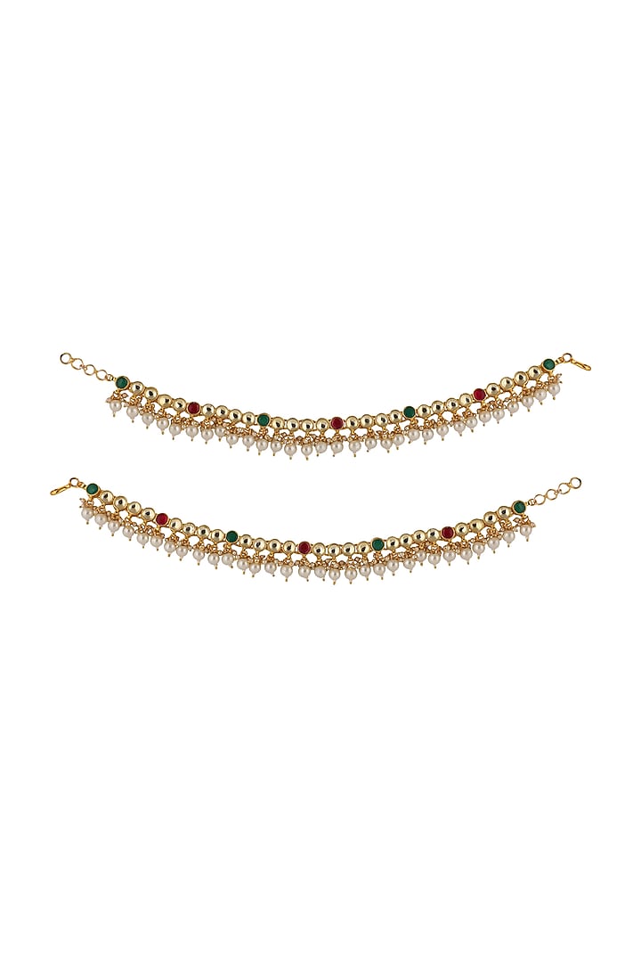 Gold Plated Jadtar & Pearl Payals (Set Of 2) by Riana Jewellery at Pernia's Pop Up Shop