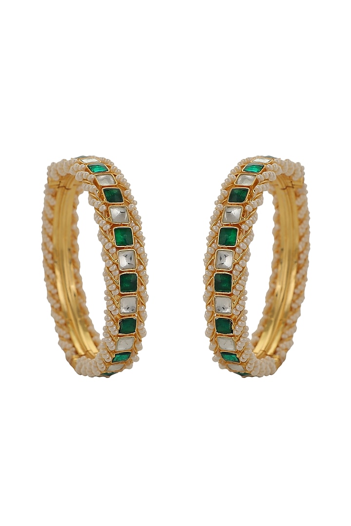 Gold Plated Jadtar & Pearl Bangles (Set Of 2) by Riana Jewellery at Pernia's Pop Up Shop
