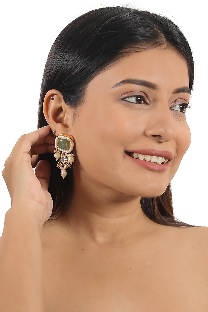 Gold Plated Emerald & Pearl Stud Earrings by Riana Jewellery at Pernia's Pop Up Shop