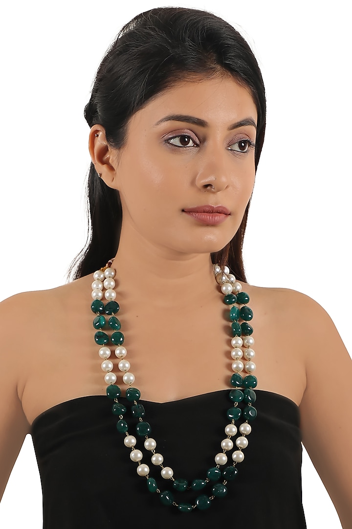 Green & White Emerald Beaded Layered Mala by Riana Jewellery at Pernia's Pop Up Shop