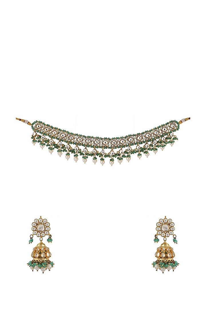 Gold Plated Sea Green Jadtar & Pearl Choker Necklace Set by Riana Jewellery at Pernia's Pop Up Shop
