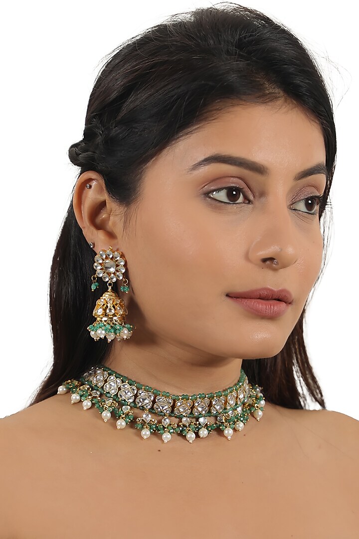 Gold Plated Sea Green Jadtar & Pearl Choker Necklace Set by Riana Jewellery at Pernia's Pop Up Shop