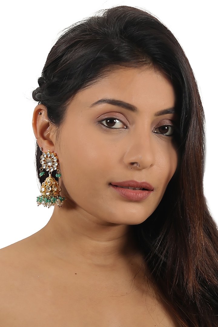 Gold Plated Sea Green Jadtar & Pearl Choker Necklace Set by Riana Jewellery at Pernia's Pop Up Shop