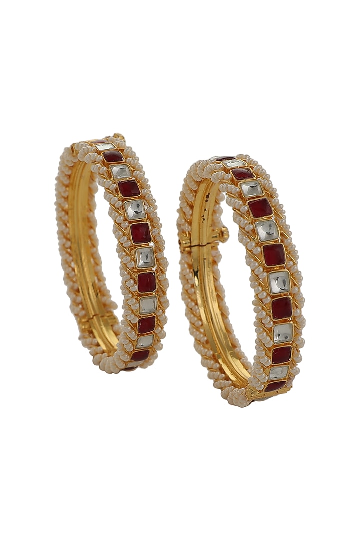 Gold Plated Pink Jadau & Pearl Bangles (Set Of 2) by Riana Jewellery at Pernia's Pop Up Shop