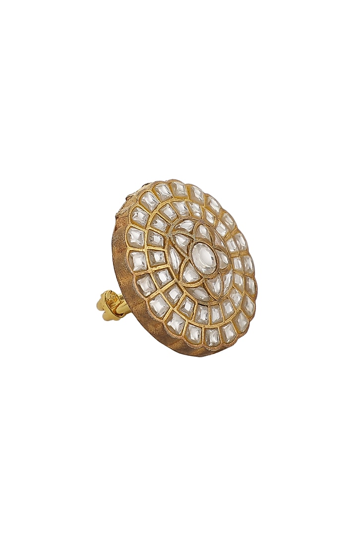 Gold Plated White Jadtar & Pearl Floral Ring by Riana Jewellery at Pernia's Pop Up Shop
