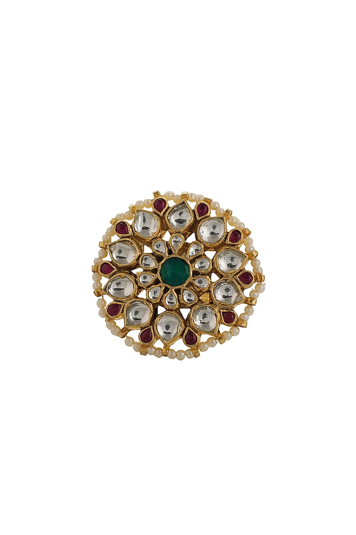 Gold Plated Jadtar & Pearl Floral Ring by Riana Jewellery at Pernia's Pop Up Shop