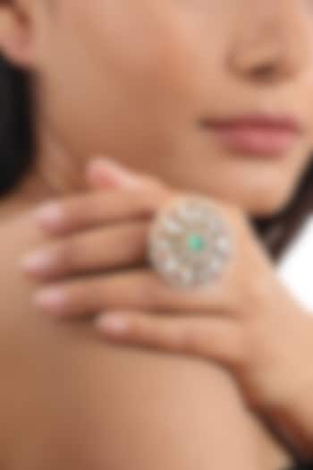 Gold Plated Jadtar & Pearl Floral Ring by Riana Jewellery at Pernia's Pop Up Shop