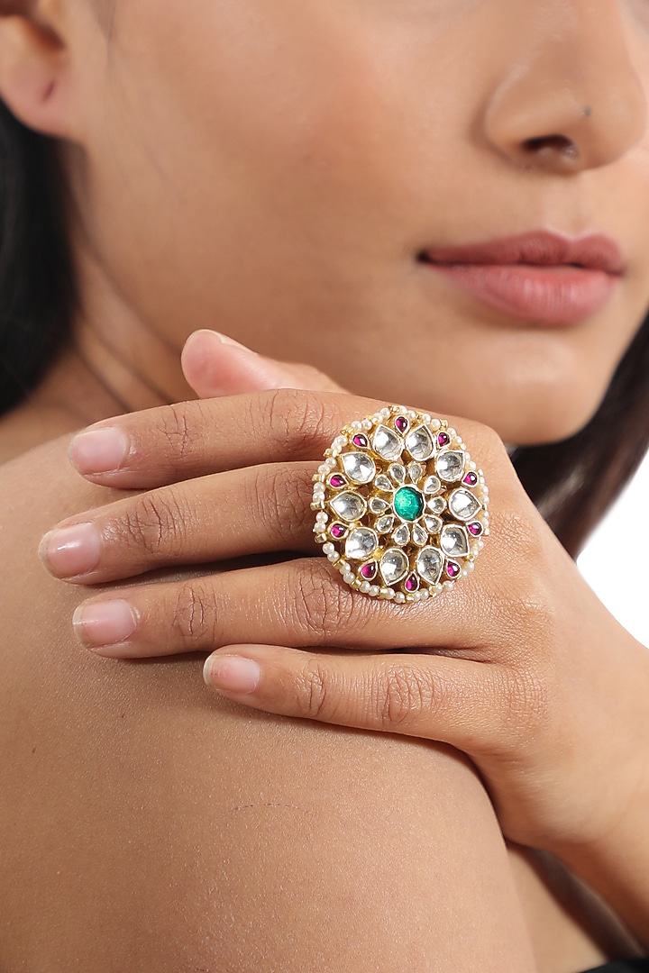Gold Plated Jadtar & Pearl Floral Ring by Riana Jewellery at Pernia's Pop Up Shop