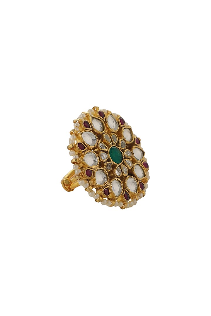 Gold Plated Jadtar & Pearl Floral Ring by Riana Jewellery at Pernia's Pop Up Shop