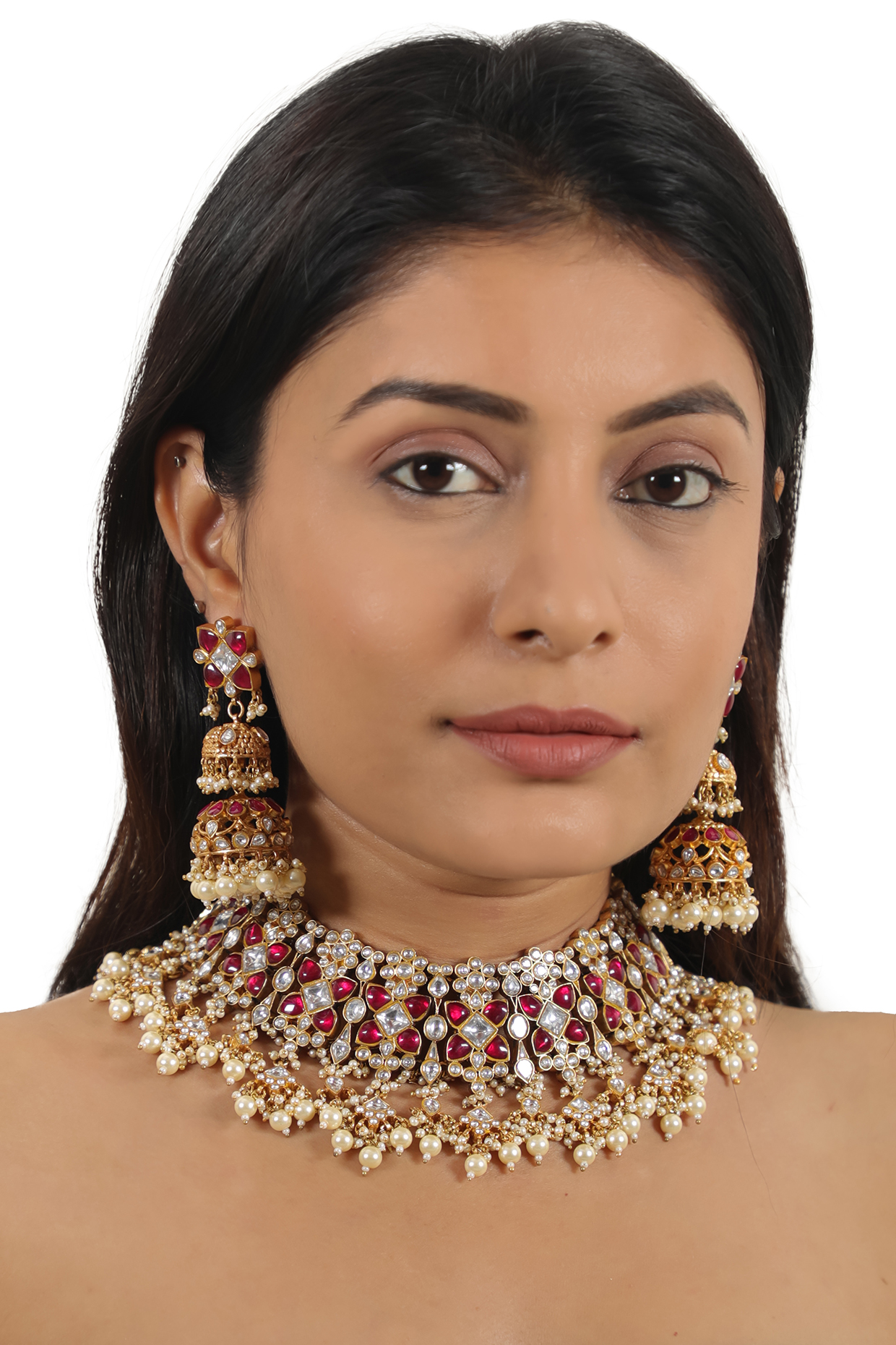 Gold Plated Pink Jadtar & Pearl Necklace Set by Riana Jewellery at Pernia's Pop Up Shop