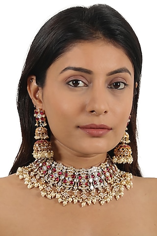 Gold Plated Pink Jadtar & Pearl Necklace Set by Riana Jewellery