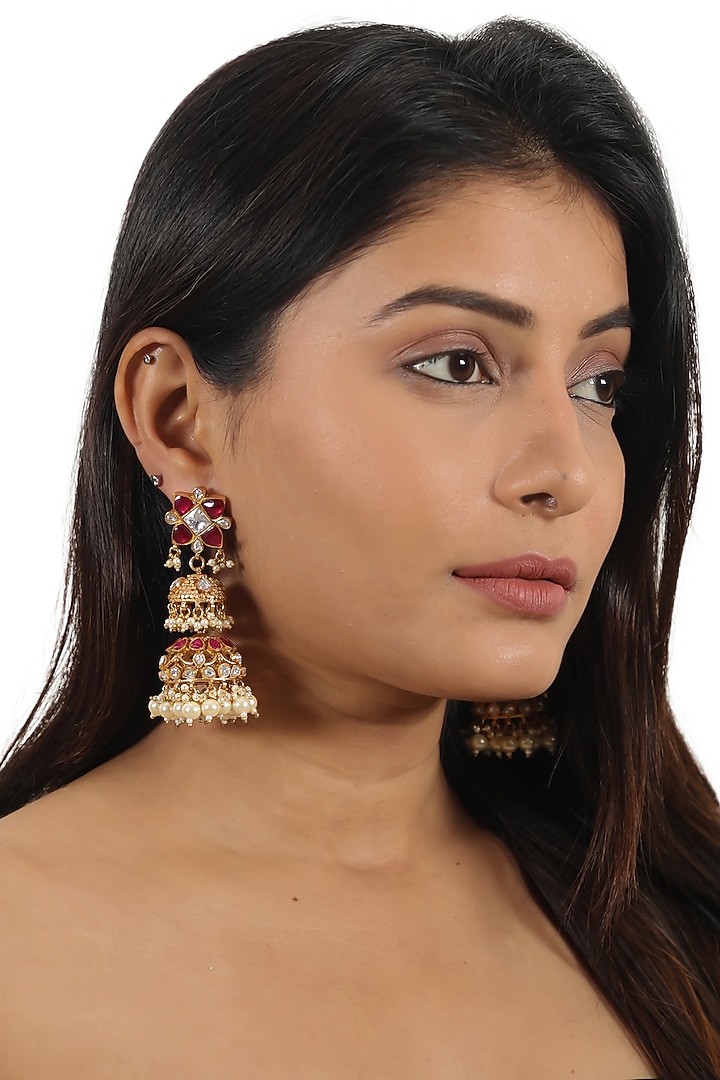 Gold Plated Pink Jadtar & Pearl Necklace Set by Riana Jewellery at Pernia's Pop Up Shop