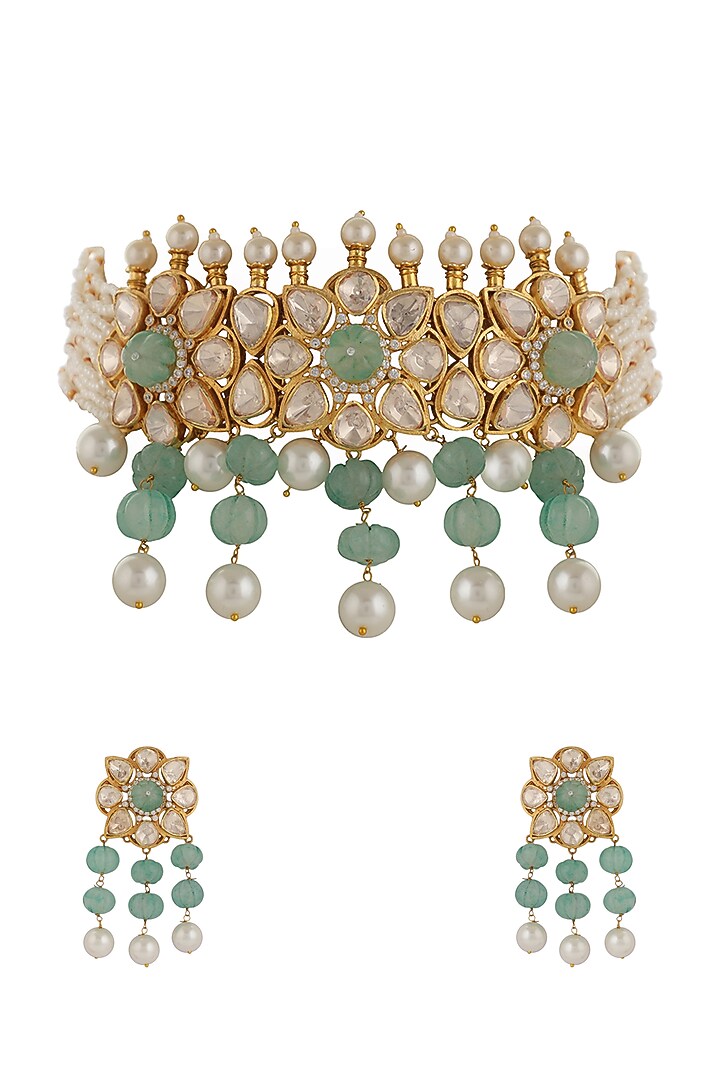 Gold Finish Sea Green Moissanite Stone Choker Necklace Set by Riana Jewellery at Pernia's Pop Up Shop
