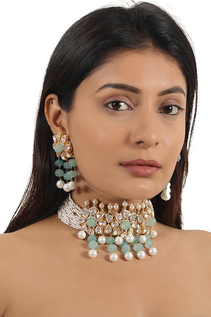 Gold Finish Sea Green Moissanite Stone Choker Necklace Set by Riana Jewellery at Pernia's Pop Up Shop