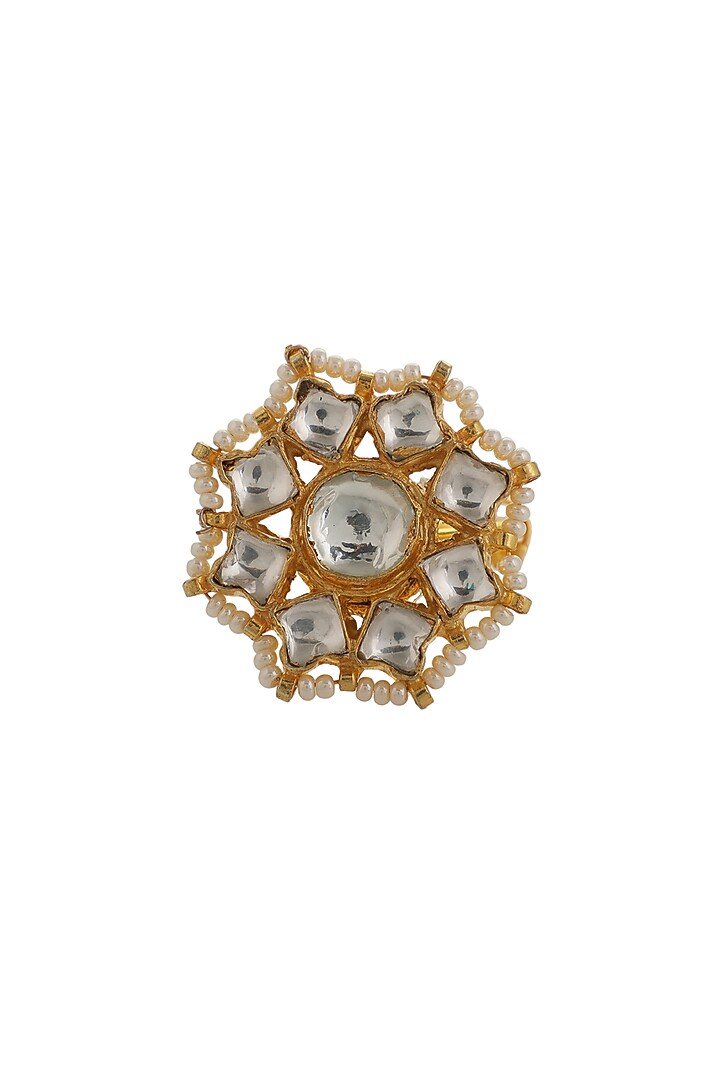 Gold Plated White Jadtar & Pearl Floral Ring by Riana Jewellery at Pernia's Pop Up Shop
