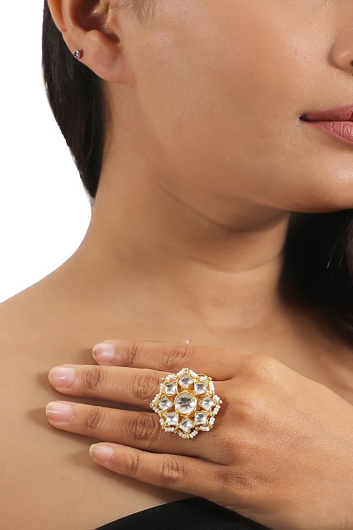 Gold Plated White Jadtar & Pearl Floral Ring by Riana Jewellery at Pernia's Pop Up Shop