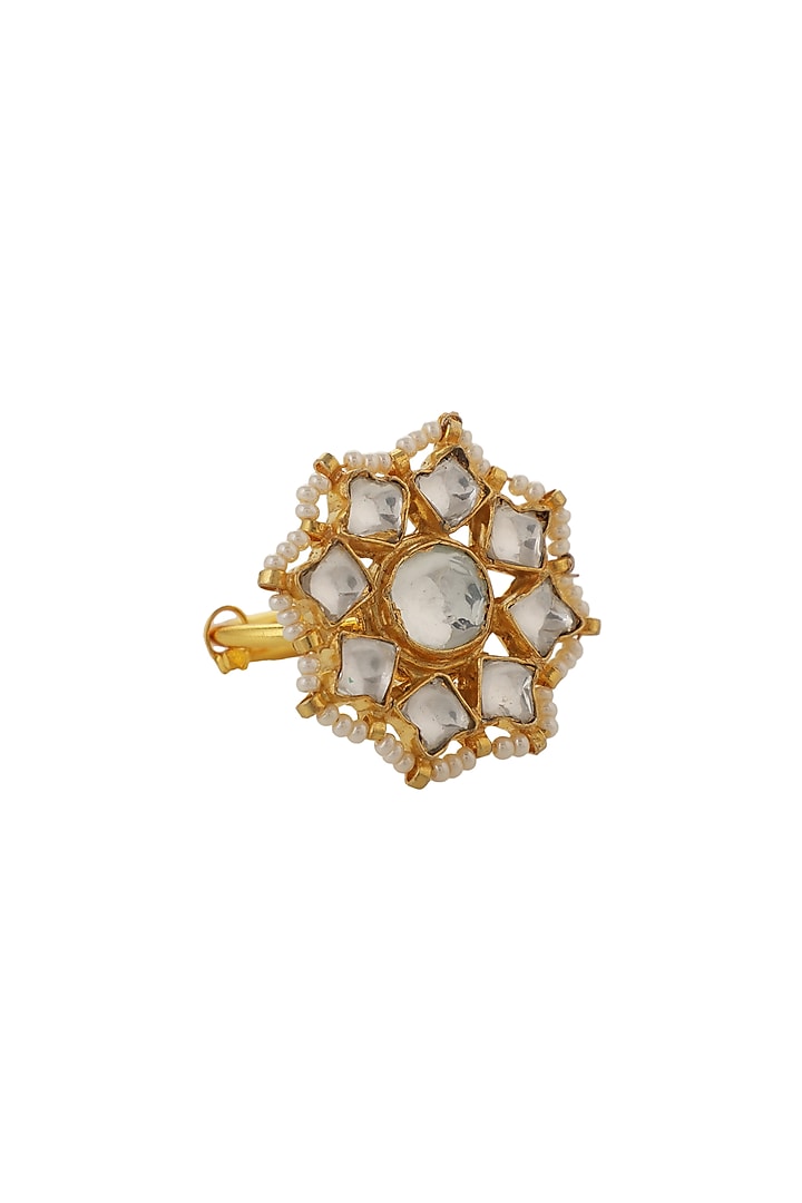 Gold Plated White Jadtar & Pearl Floral Ring by Riana Jewellery at Pernia's Pop Up Shop
