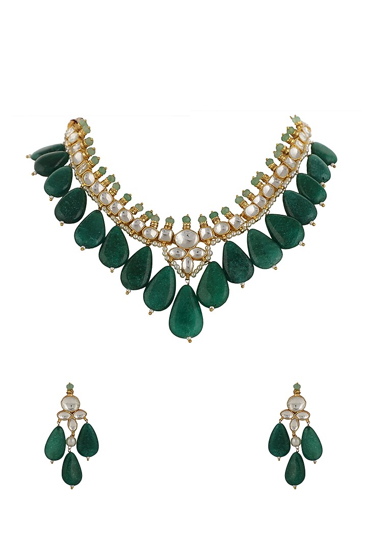 Gold Plated Jadtar & Emerald Bead Necklace Set by Riana Jewellery at Pernia's Pop Up Shop