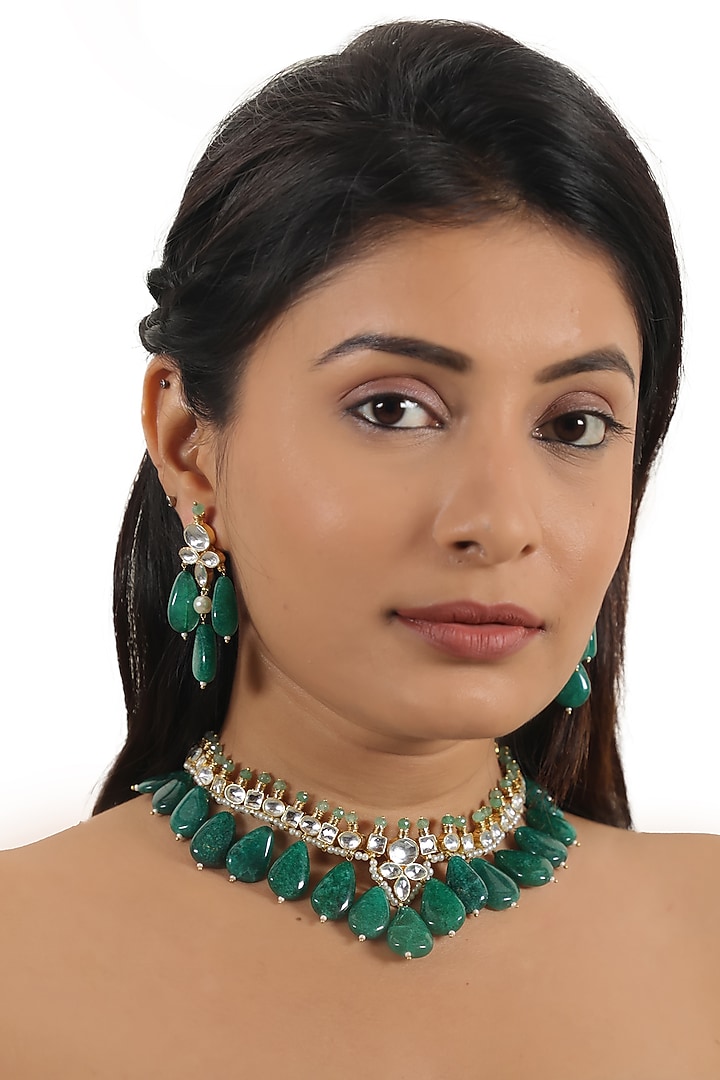 Gold Plated Jadtar & Emerald Bead Necklace Set by Riana Jewellery at Pernia's Pop Up Shop