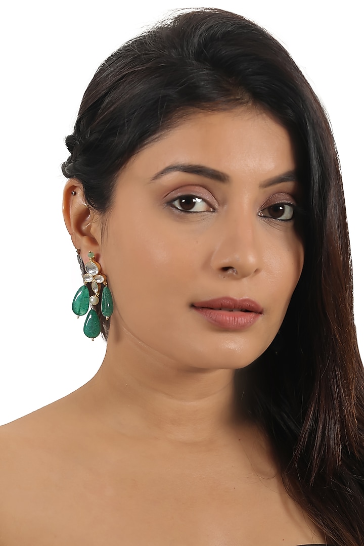Gold Plated Jadtar & Emerald Bead Necklace Set by Riana Jewellery at Pernia's Pop Up Shop