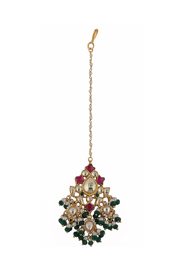 Gold Plated Pink Jadtar Maangtikka by Riana Jewellery at Pernia's Pop Up Shop